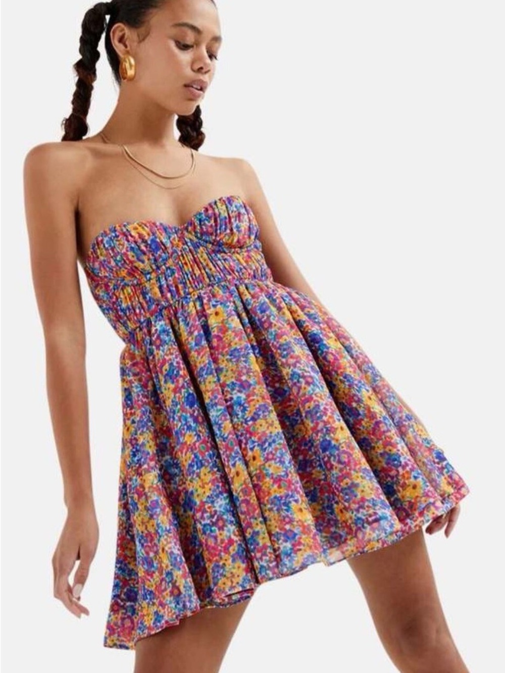 For Love & Lemons Floral Strapless Mini Dress - Pink, Blue, Yellow